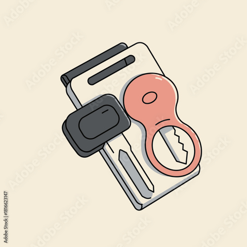 Illustration of a pink key and a dark grey key fob on a white key organizer.