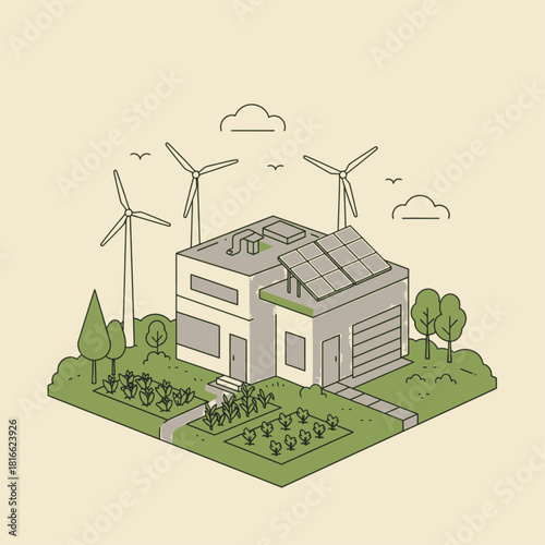 An isometric illustration of a sustainable house with solar panels and wind turbines, surrounded by a garden and trees.
