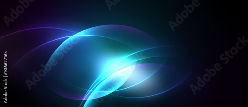 Abstract light shapes blend, creating luminous curves. Dark background emphasizes vibrant blue, purple hues. Smooth gradients suggest energy, motion.