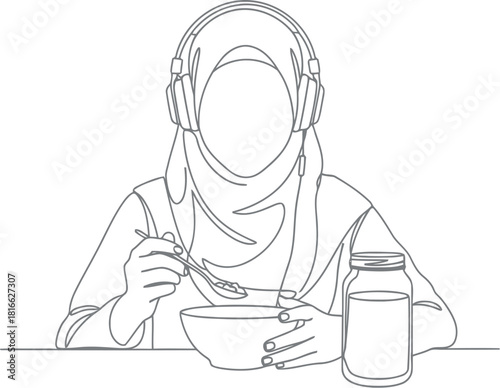 Sketch of a woman wearing a hijab eating cereal with a jar nearby