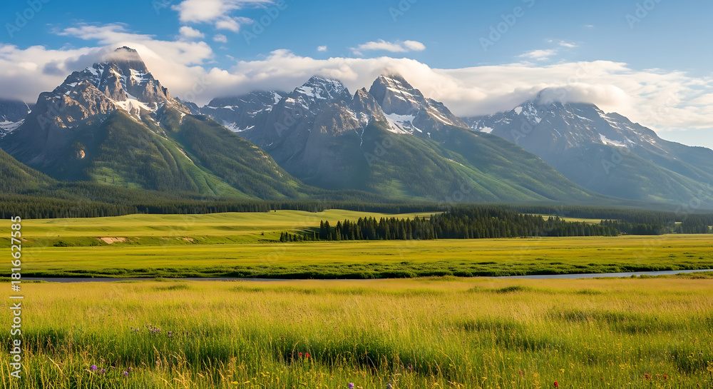 Fototapeta premium Panoramic summer mountain landscape featuring a clear lake nestled in a green alpine valley surrounded by high rocky peaks and white clouds