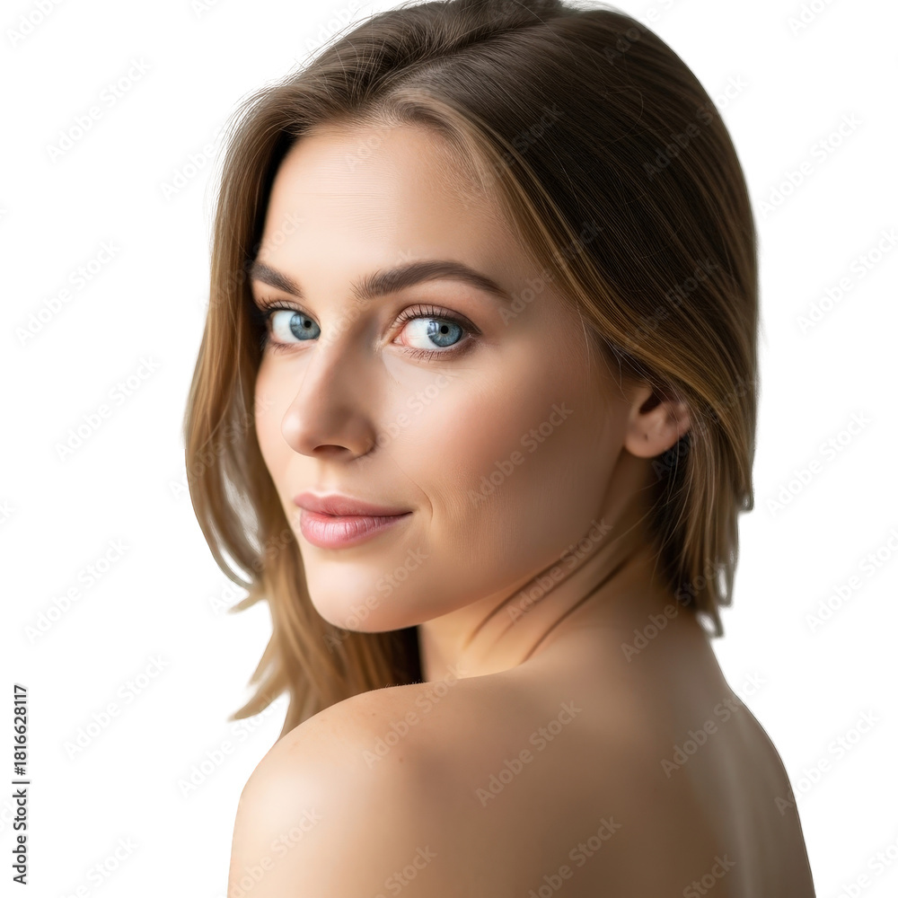 Fototapeta premium Portrait of a beautiful young woman with blonde hair and blue eyes looking over her shoulder against a white background