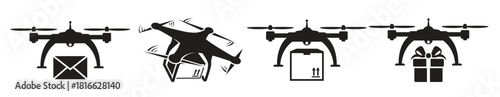 drones delivery icons black on a white background