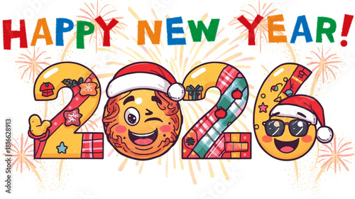 Festive Cartoon Illustration Of Happy New Year With Smiling Number Characters And Colorful
