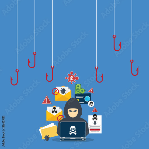 Hacker in front of his computer committing digital cybercrime, trying to steal confidential data, personal information and credit card detail. Hacking concept.	