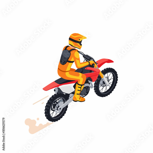dirt bike stunt showing rider hovering horizontally in the air, orange-yellow protective gear, red-black bike, dust effect