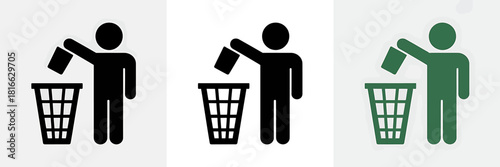 Garbage disposal icon set, human figure putting waste in bin