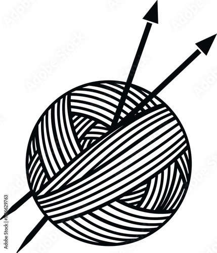 Yarn ball illustration, knitting needles vector, craft hobby icon, handmade textile art, wool thread symbol, black silhouette, DIY design