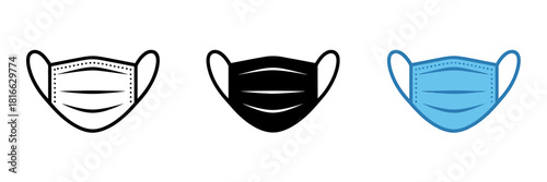 Medical face mask icon set: outline, solid, and blue vector versions.