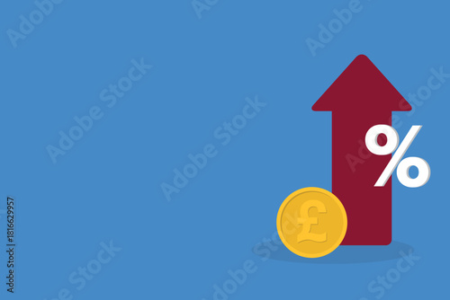 Increased income or revenue, capital gain, increased sales turnover, British pound and arrow with percentage sign.