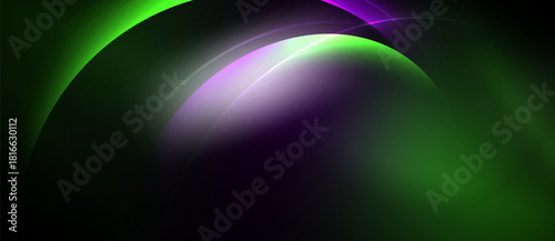 Abstract composition features curved lines, vibrant green, purple hues. Smooth gradients create dynamic visual effect. Dark background emphasizes luminosity.
