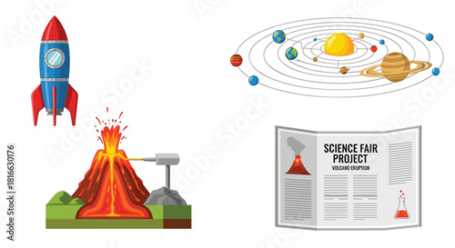 Science Fair Project Ideas Rocket Volcano Solar System and Newspaper, Generative AI.