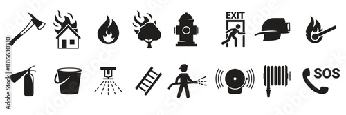  fire emergency icons set black on a white background