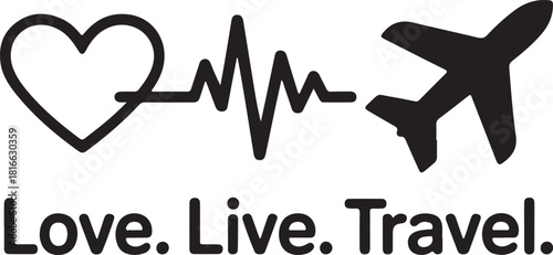 Travel heartbeat vector with heart, pulse line and airplane silhouette – minimal adventure quote design for travel lovers