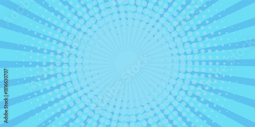 Anime explosion background with radial lines - dynamic starburst with speed motion effect. Blue and white halftone pattern for superhero action in manga comic book style.