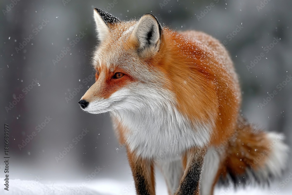 Naklejka premium Graceful Red Fox Walking Through a Snowy Forest, Showcasing Nature s Beauty and Winter Serenity