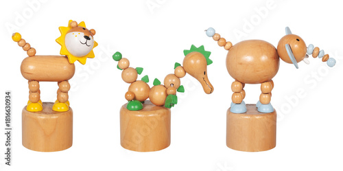 vintage wooden toys isolated on white background, lion, elephant and dragon