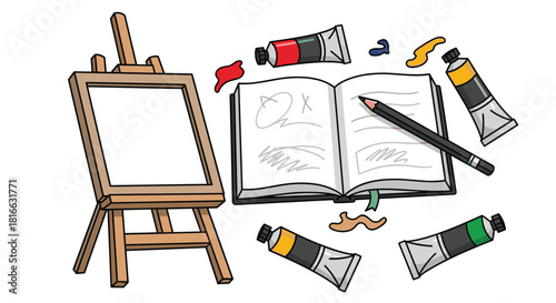 Artistic supplies including easel sketchbook and paint tubes for creative expression, Generative AI.