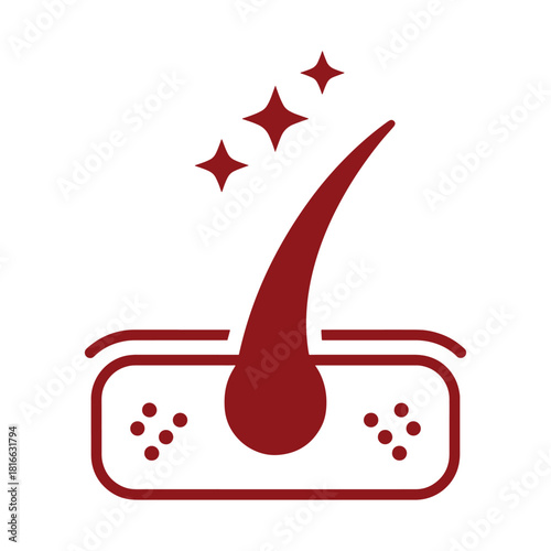 Dark red hair follicle icon with sparkles and cellular structure root strand