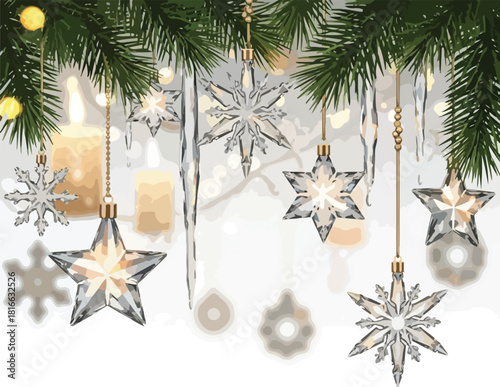 Close-up of hanging Christmas star and snowflake ornaments on a tree branch with candles in the background on Christmas Eve, featuring warm lighting and a festive mood.