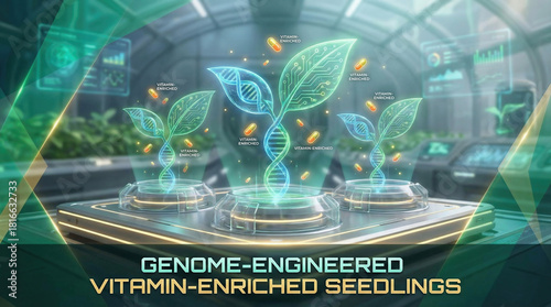 Abstract illustration of plant biotechnology Genome-engineered, vitamin-enriched leaf seedlings