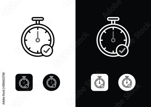 Instant approval, time clock hour with tick check mark line art outline style icon symbol sign vector
