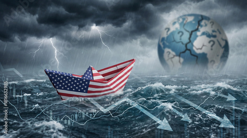 US Financial risk danger as stock market turbulence crisis and economic storm as an American paper boat symbol facing uncertain global economic danger