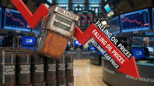 Falling Oil Prices and declining gas price as a fuel concept, with a pump tumbling down pump with the fall of crude petroleum