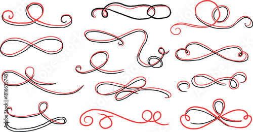Elegant Decorative Swirls and Flourishes with Red and Black Lines a Vector Set for Design and Decoration invitations cards and other graphic projects