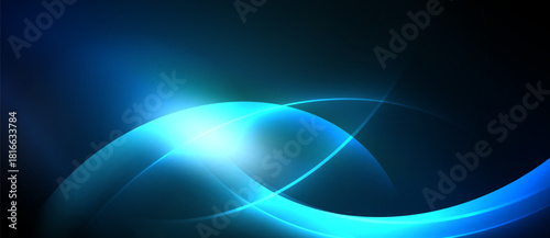 Abstract blue light curves radiate, creating dynamic energy. Bright glow emphasizes flowing shapes, dark background contrasts.