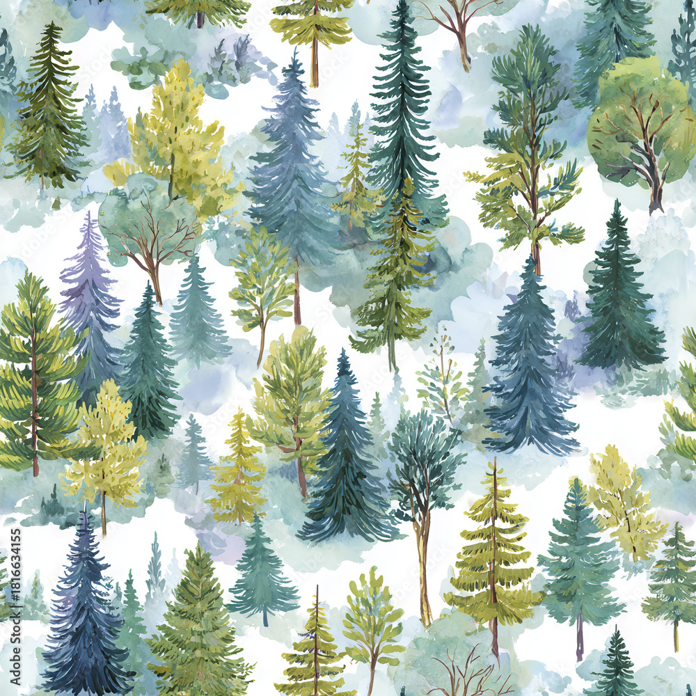Fototapeta premium Seamless watercolor forest pattern with pine and deciduous trees in soft green tones