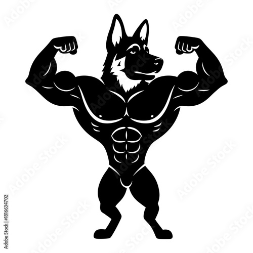 German shepherd flexing muscular dog silhouette vector mascot for bodybuilding gym
