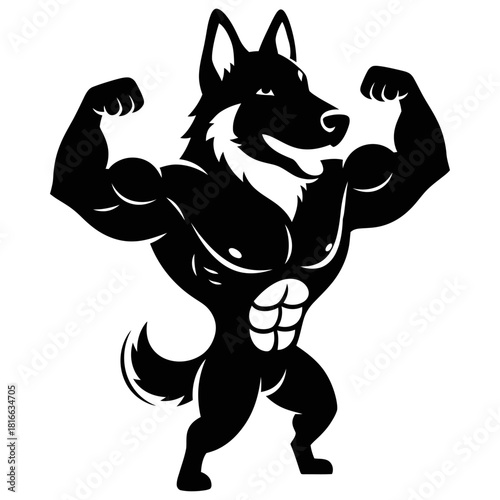 Powerful wolf dog flexing arms athletic muscle silhouette vector fitness gym mascot