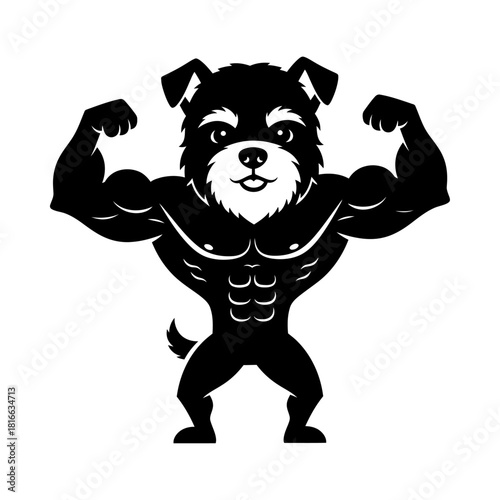 Cute fluffy dog flexing strong bodybuilder muscles silhouette vector gym fitness mascot