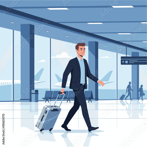 White man in business suit walking with suitcase in airport, cartoon style