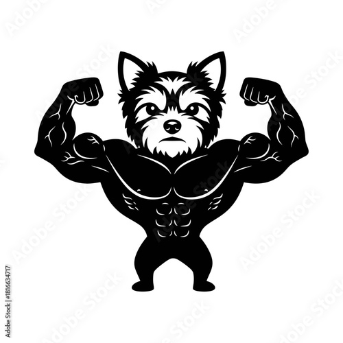 Cute terrier dog bodybuilder flexing muscular physique silhouette vector gym mascot art