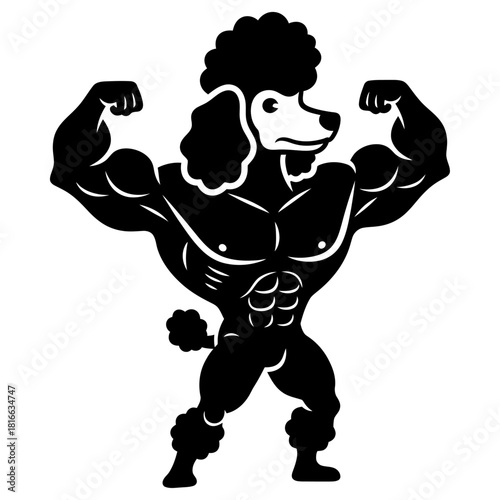 Muscular poodle dog flexing strong bodybuilder physique silhouette vector fitness gym mascot