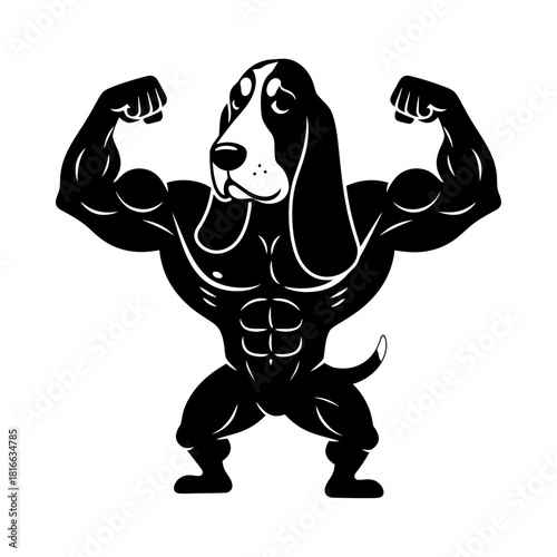 Strong basset hound dog flexing muscular body silhouette vector gym fitness bodybuilding mascot