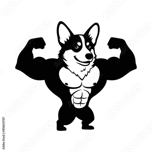 Muscular corgi dog flexing strong athletic body silhouette vector gym fitness mascot illustration