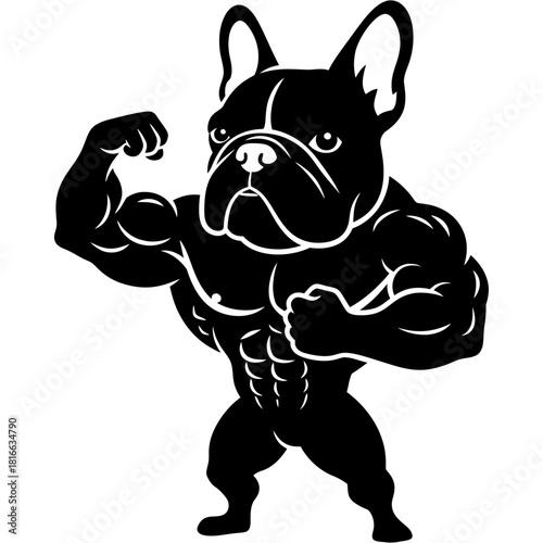 French bulldog flexing strong muscular physique silhouette vector bodybuilding gym mascot