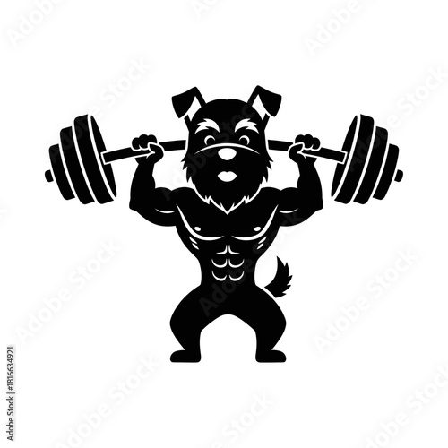 Cute terrier dog lifting heavy barbell muscular silhouette vector strong gym fitness mascot