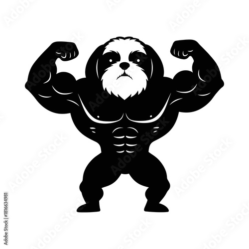 Shih tzu dog flexing powerful muscular physique silhouette vector gym bodybuilding mascot art