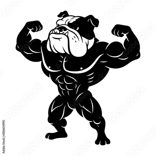 Bulldog dog flexing muscular powerful ripped physique silhouette vector strong gym mascot illustration