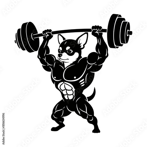 Chihuahua dog lifting heavy barbell muscular physique silhouette vector strong gym mascot design