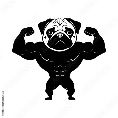 Pug bodybuilder flexing arms in cute tough gym mascot silhouette vector muscular illustration