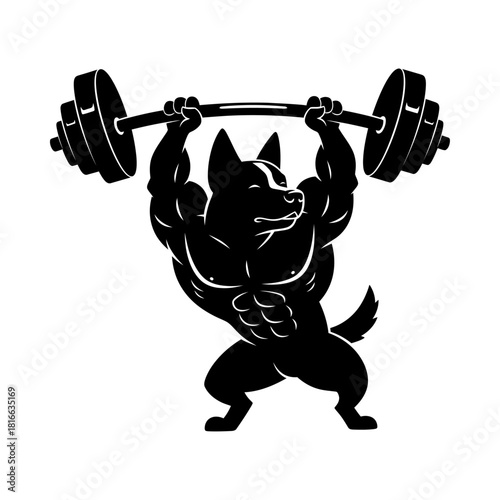 Muscular dog lifting heavy barbell overhead in strong gym workout mascot silhouette vector art