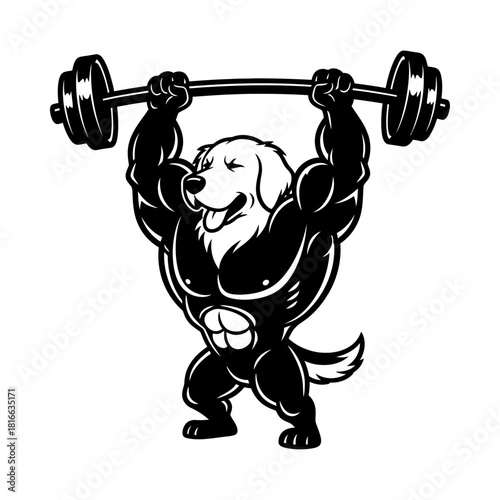 Golden retriever lifting barbell overhead in happy muscular gym mascot silhouette vector artwork