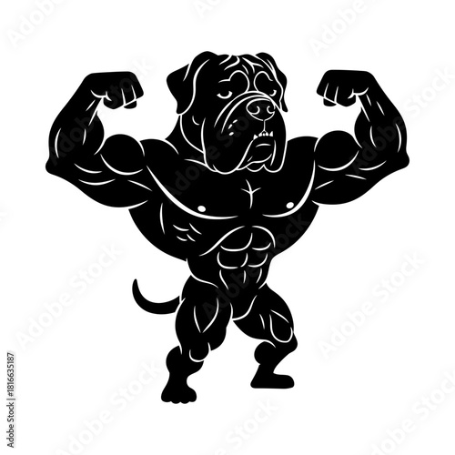 Mastiff dog flexing powerful muscles in fierce muscular gym mascot silhouette vector illustration