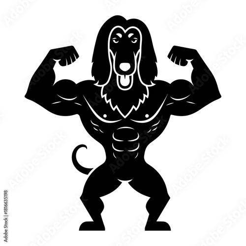 Afghan hound dog flexing powerful muscular physique strong gym workout mascot silhouette vector art