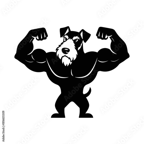 Muscular fox terrier dog flexing arms silhouette vector gym strength mascot illustration